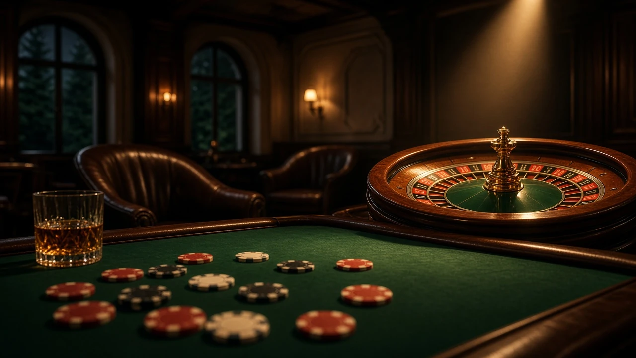 Stimmungsvolle Casino-Szene mit Jetons, Roulette-Tisch und warmem Licht.