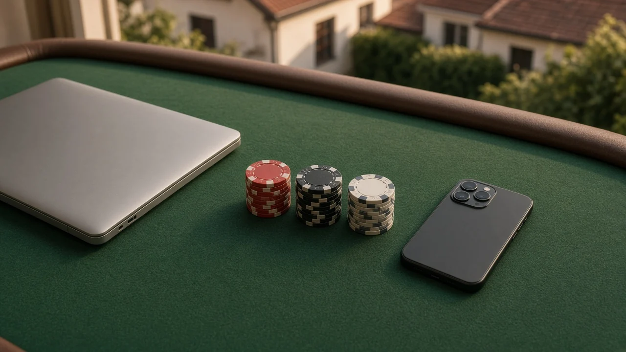 Casino-Tisch mit gestapelten Chips und geschlossenem Laptop