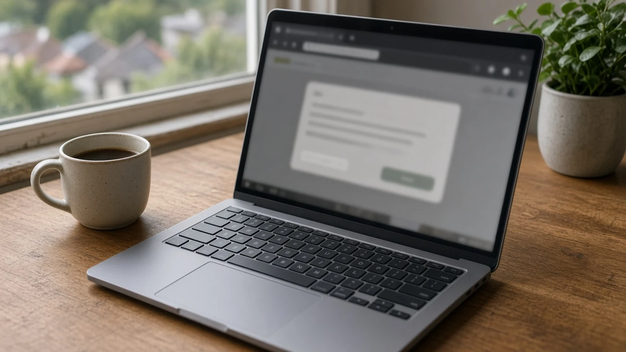 Nahaufnahme eines Laptop-Bildschirms mit Cookie-Hinweis auf einem Holztisch