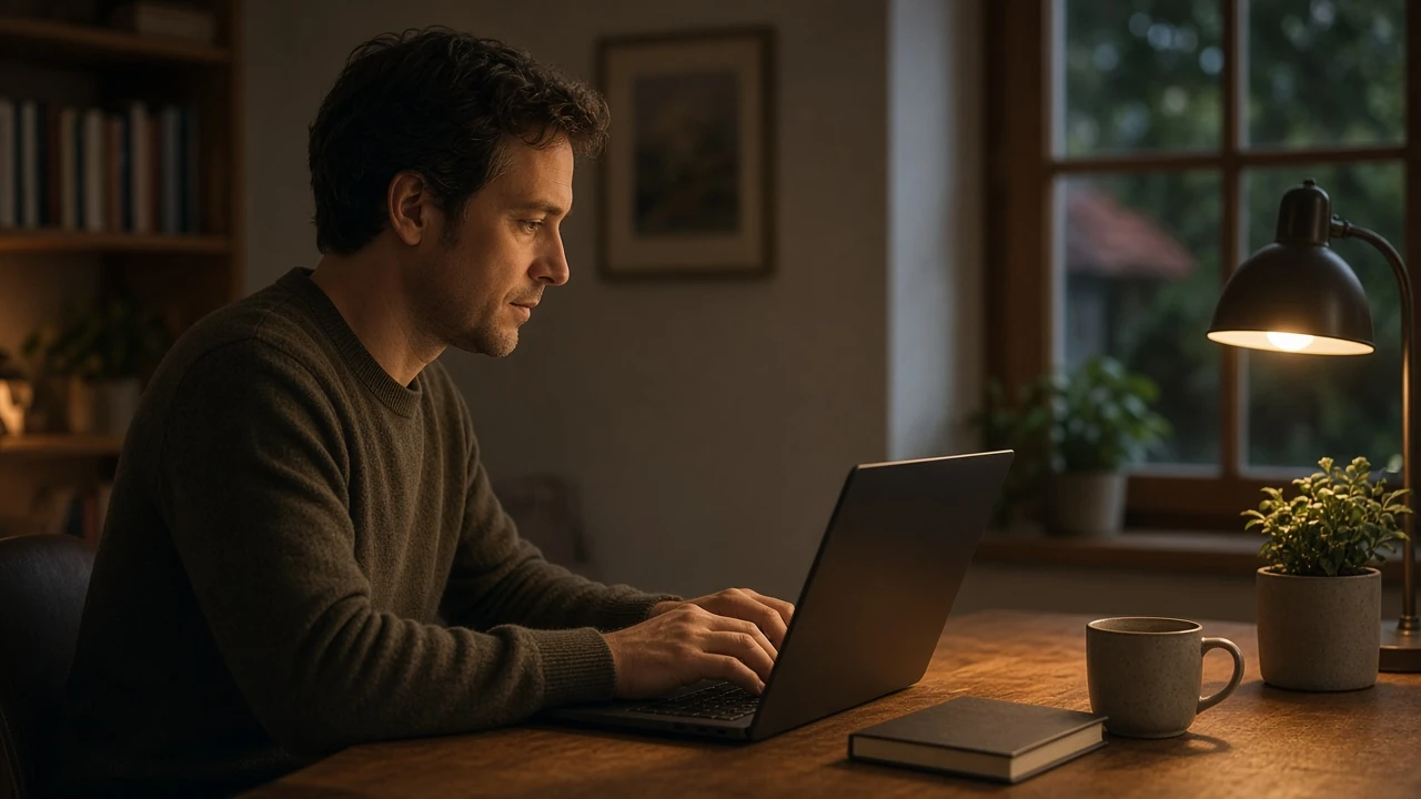 Person arbeitet abends am Laptop mit abgewandtem Bildschirm