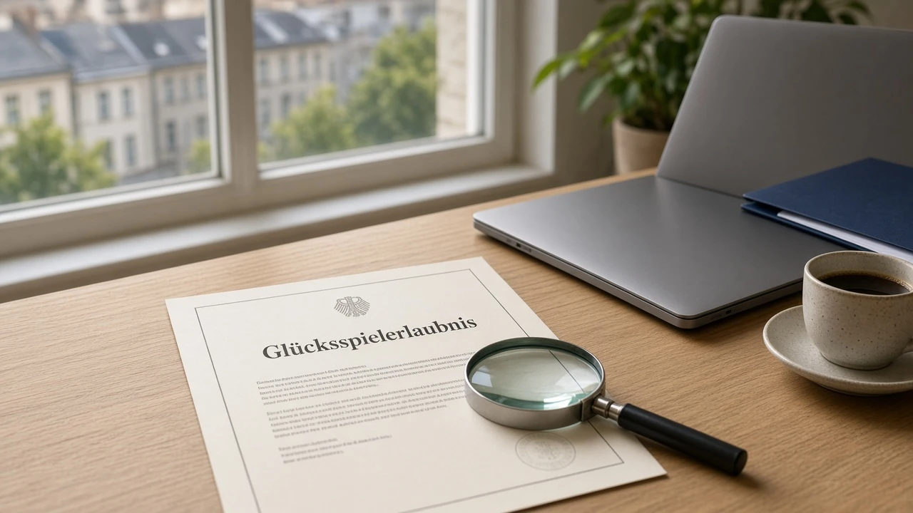 Schreibtisch mit Dokument zur Glücksspielerlaubnis und geschlossenem Laptop