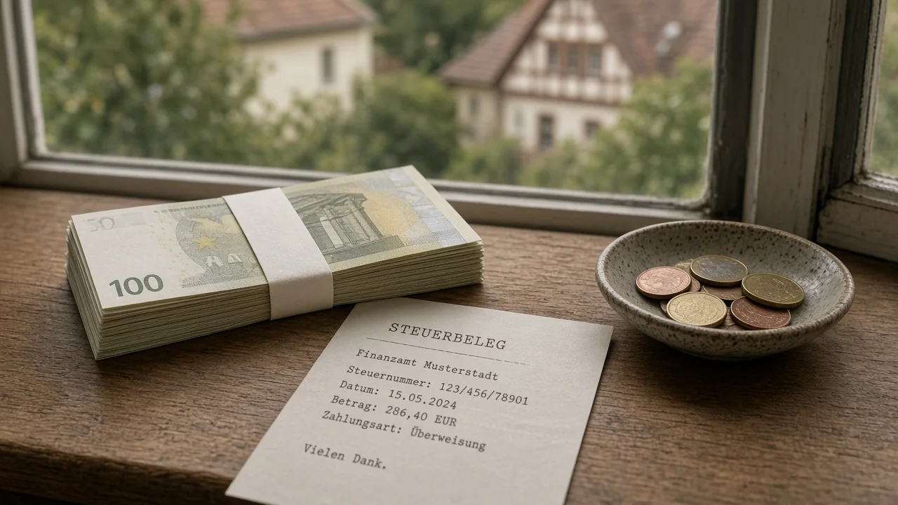 Stapel Euro-Banknoten mit Münzen und Beleg