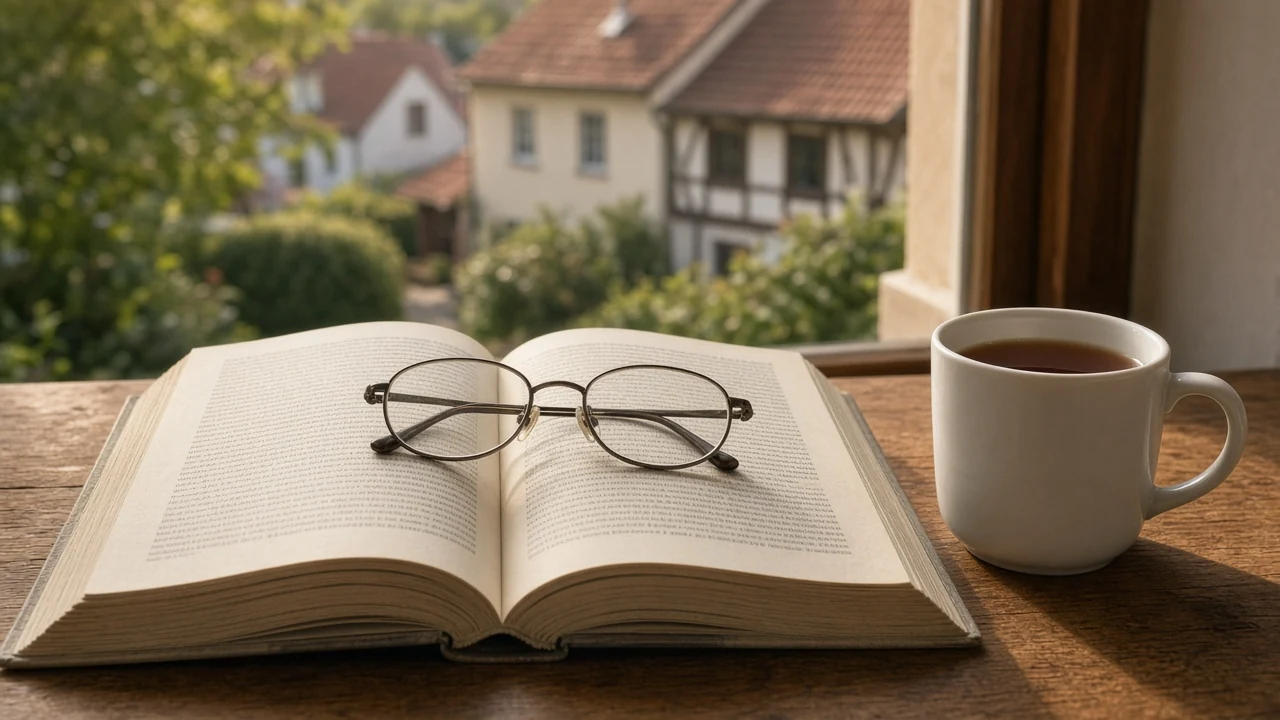 Offenes Buch mit Kleingedrucktem und Lesebrille