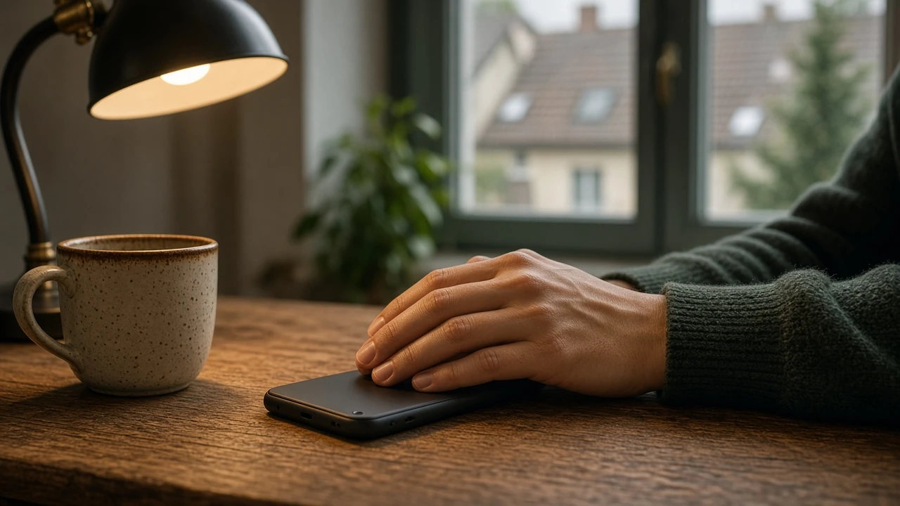 Hände auf einem umgedrehten Smartphone auf einem Schreibtisch bei gedämpftem Licht.